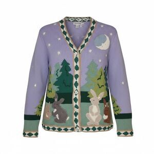 NEW Storybook Knits Cardigan Sweater Womens 1X Purple Easter Bunnies
